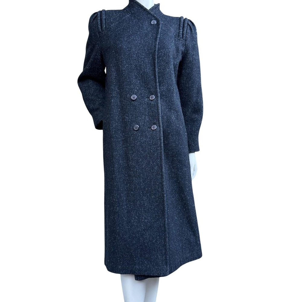 Vintage Wool Overcoat Full Length Pleated Puff Shoulder Gray Coat 80's Old Money